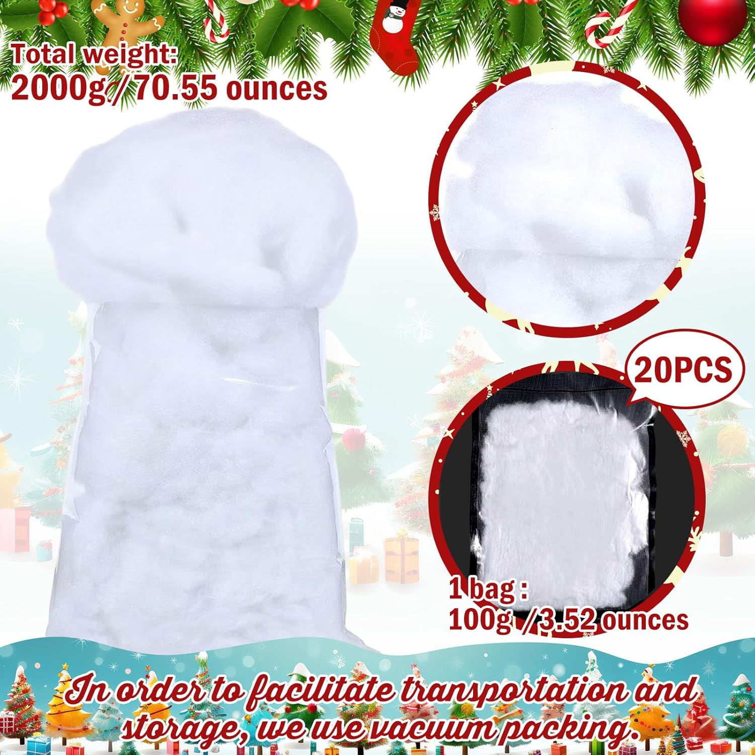 Shappy Christmas Fake Snow | 70.55 Ounce Artificial White Cloud Fiber for Holiday Decor