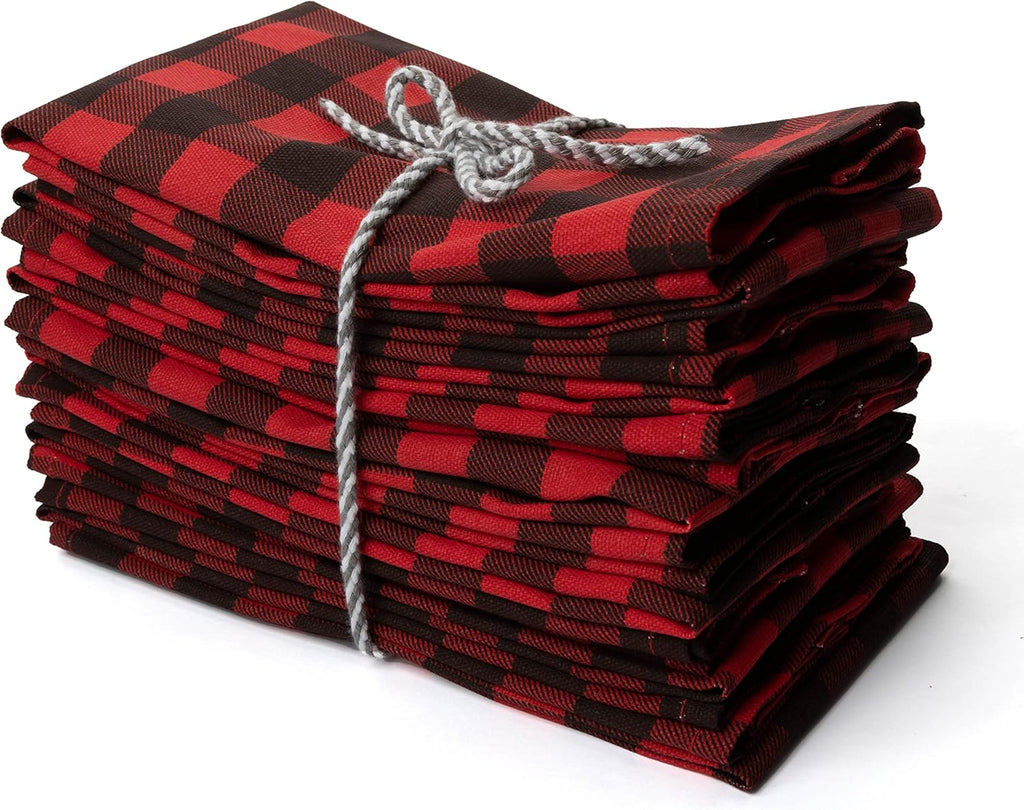 PERLLI Kitchen Cloth Napkins - Buffalo Plaid Red & Black | 12 Pack, 18x18 Inches, 100% Cotton, Washable & Reusable for Holiday Table Decor