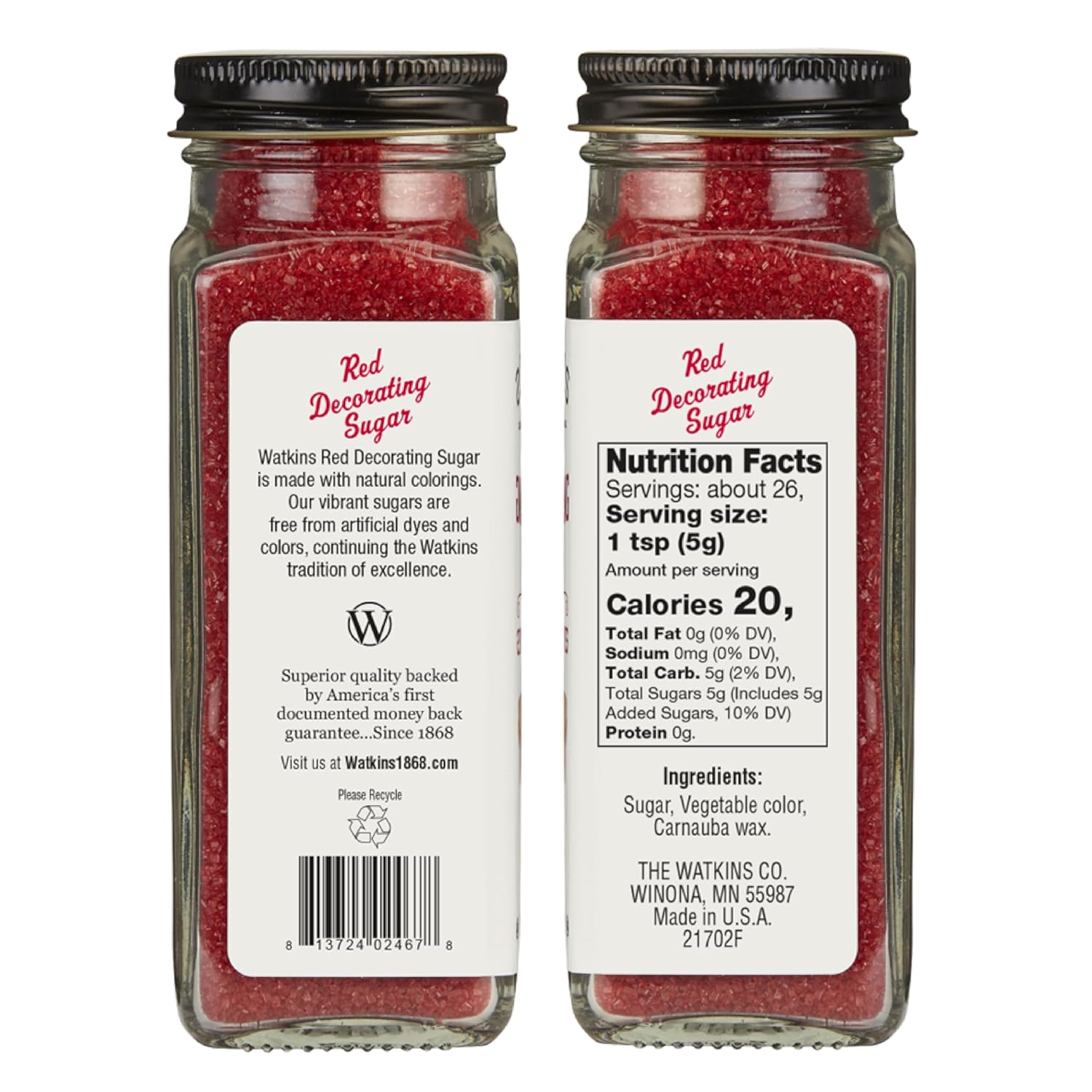 Watkins Red Decorating Sugar - Non-GMO & Kosher | No Artificial Dyes, 4.7 Ounce Jar