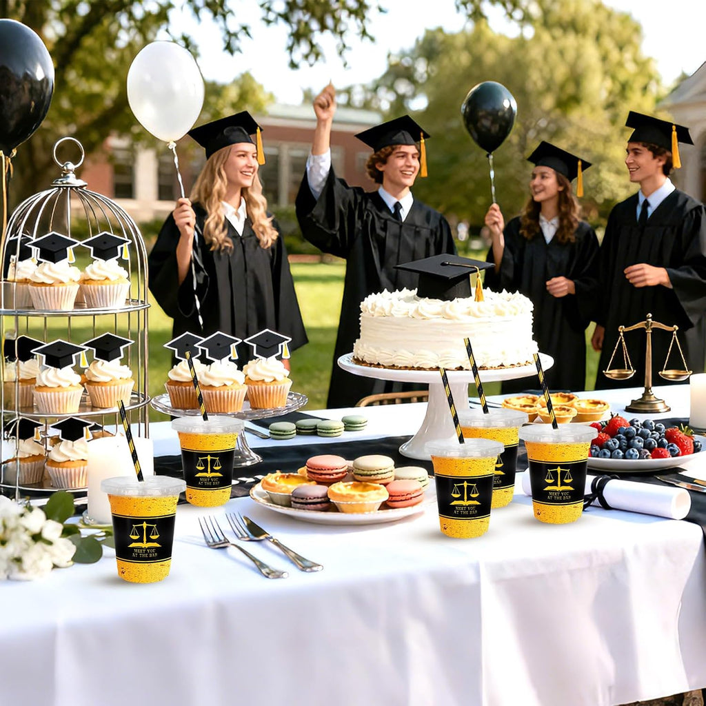 Whaline 50Pcs 12Oz Law School Graduation Cups - Disposable Plastic with Lids & Straws for Celebrations