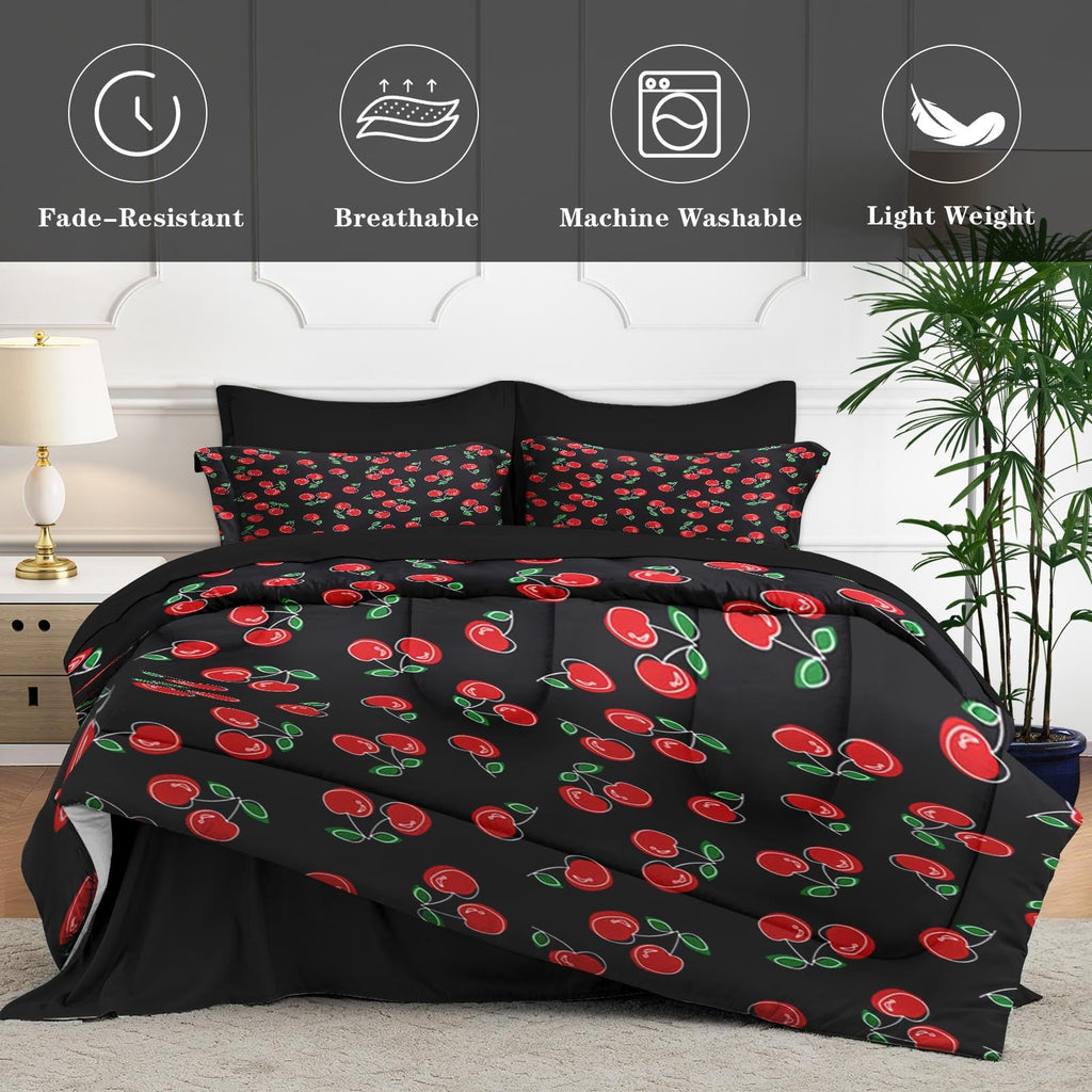 Nesker 7 Pcs Comforter Set Queen Size, Red and Black Bedding for Kids Teen, Cherry Fruit Bed Sheet with Pillowcase & Sham