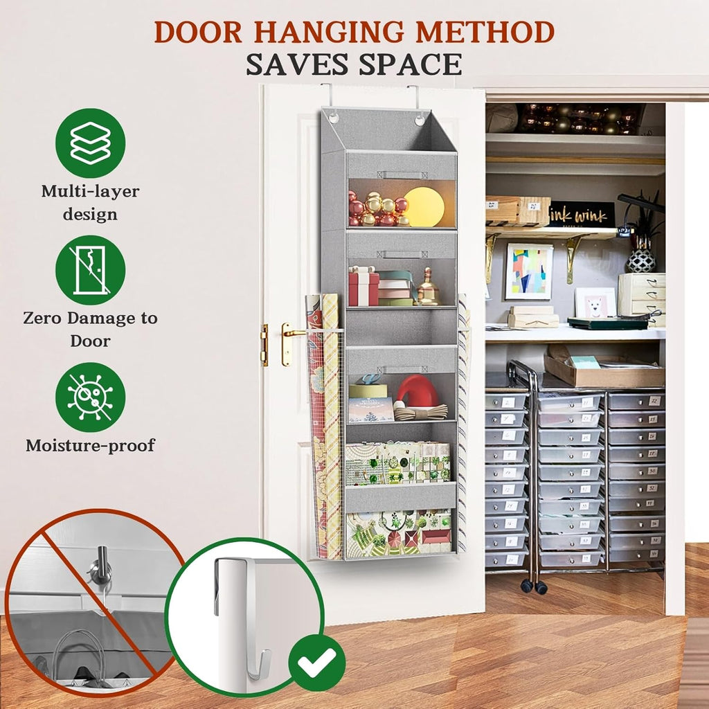 Skiennix Over Door Wrapping Paper Organizer - Light Grey Storage with 3 Removable Drawers & Side Pockets