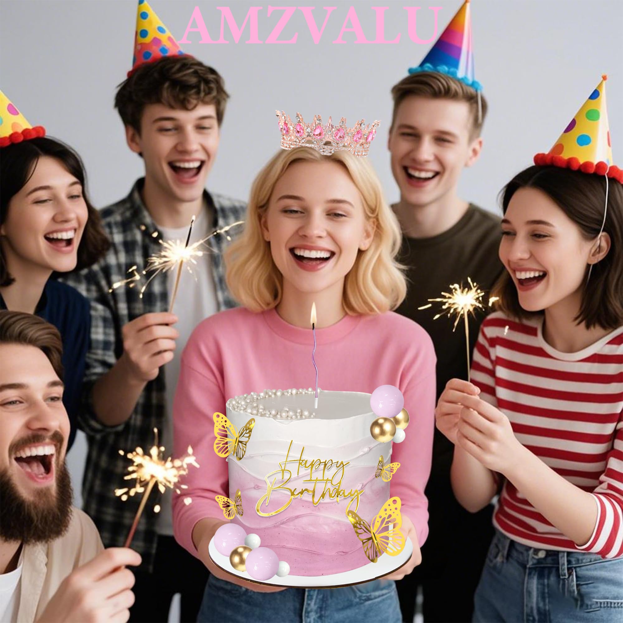 AMZVALU Crown Cake Topper, Happy Birthday Cake Toppers Pink Crown Balls Candles Gold Butterflies, Corona Para Pastel, Cake Decorations for Women Princess Queen Birthday Party Wedding (Rose Gold)