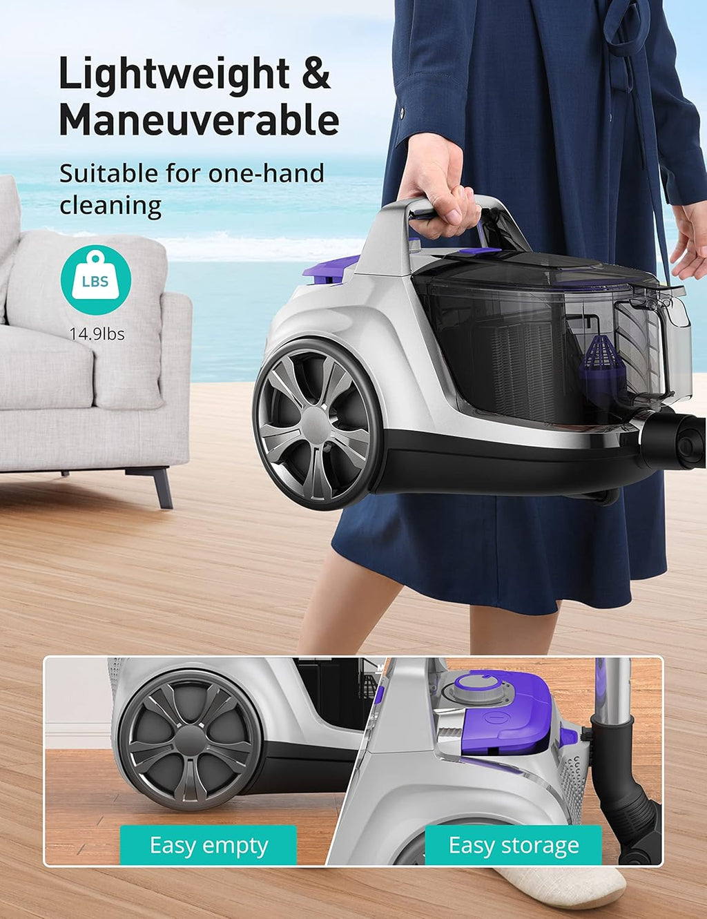 Aspiron Canister Vacuum Cleaner - 40Kpa Bagless Design with Double HEPA Filter & 4QT Dust Cup | Lightweight 1600W, Mauve