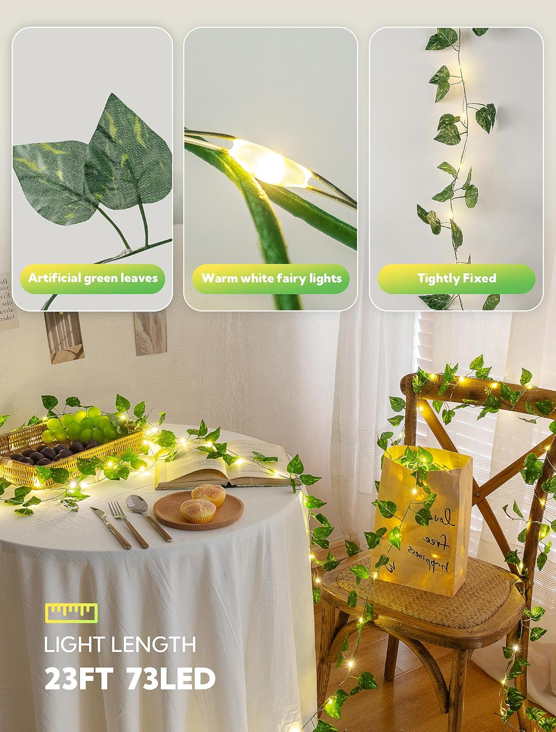 Woohaha Ivy String Lights - 23ft 73LED Battery Operated Fairy Lights for Bedroom, Garden & Party Decor | Warm White