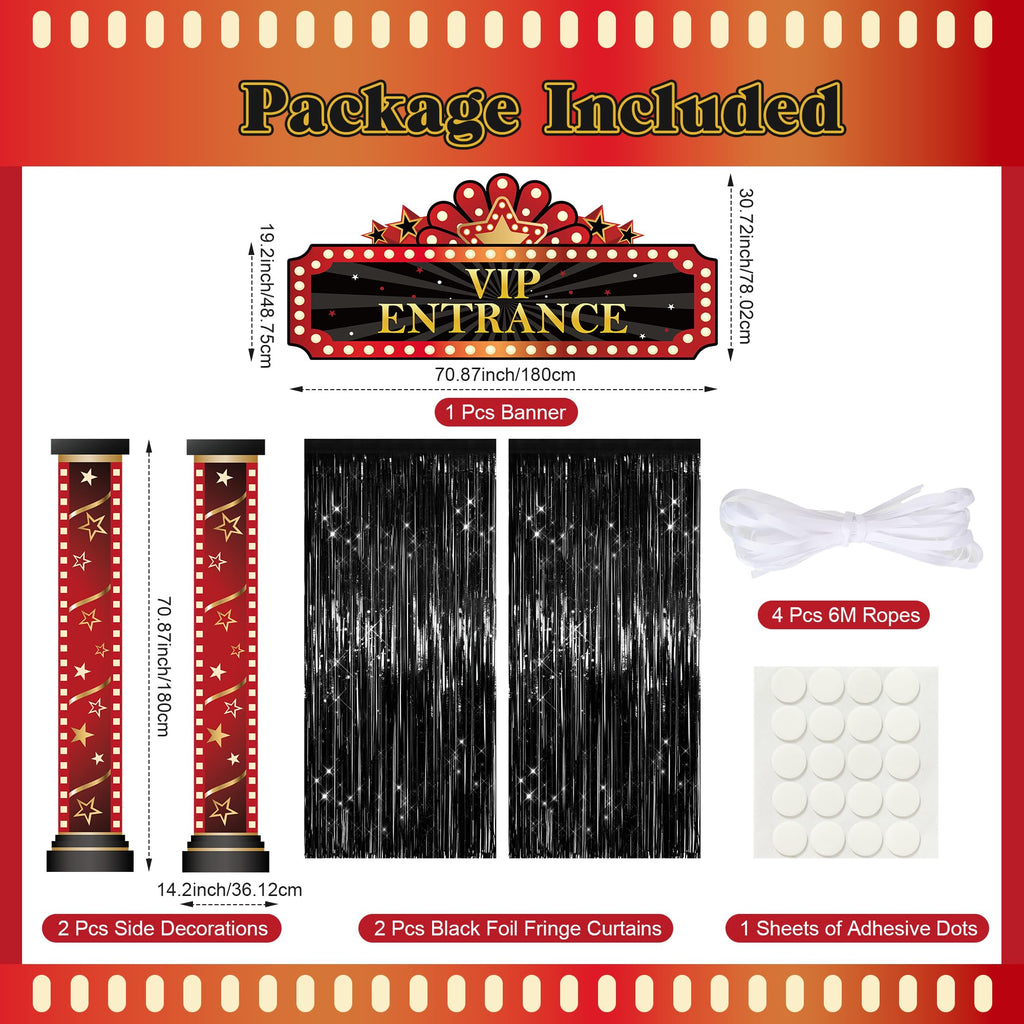 5 Pcs Casino Movie Night Porch Sign Banner with Black Foil Fringe Backdrop Casino Theme Party Decorations VIP Door Entrance Banner Red Carpet Party Decor Movie Theme Theater Birthday Party Supplies