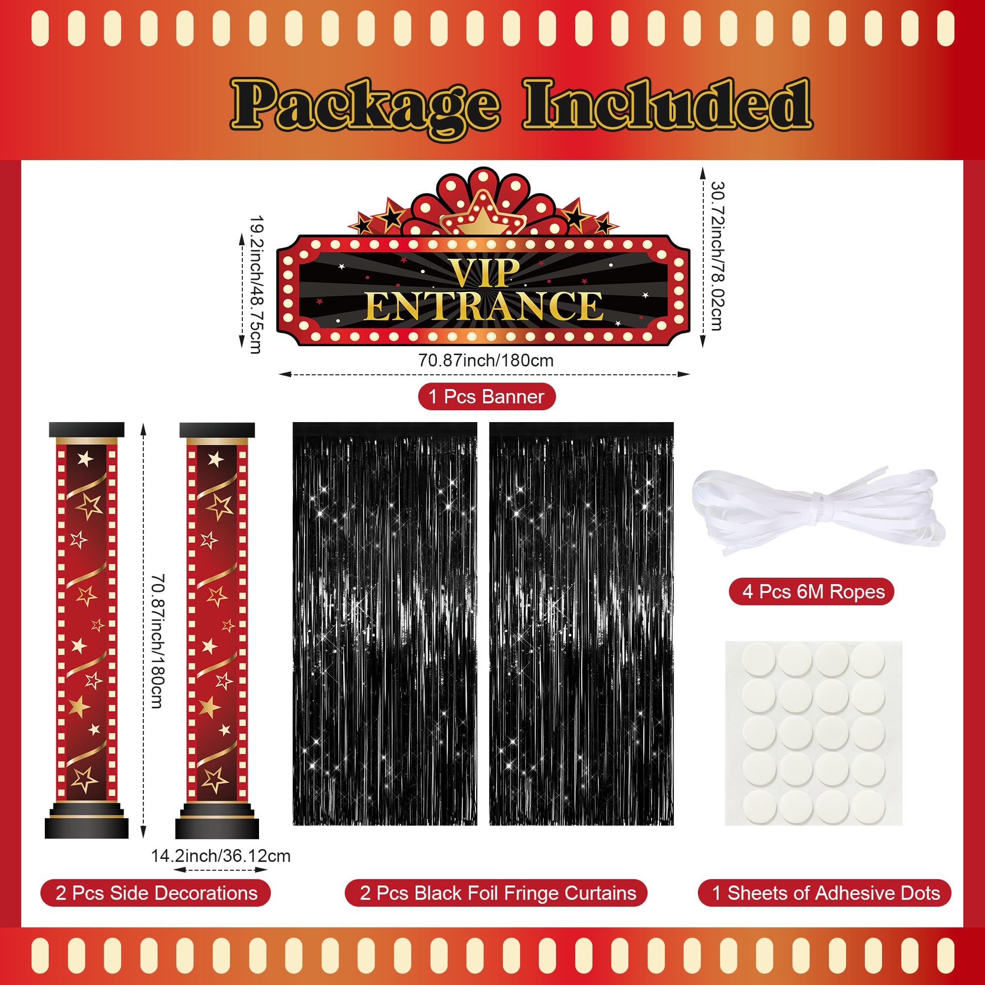 5 Pcs Casino Movie Night Porch Sign Banner with Black Foil Fringe Backdrop Casino Theme Party Decorations VIP Door Entrance Banner Red Carpet Party Decor Movie Theme Theater Birthday Party Supplies