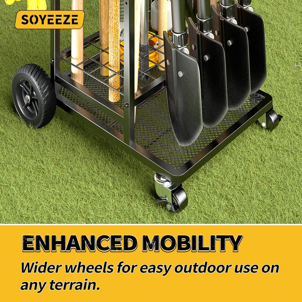 SOYEEZE Garden Tool Organizer - Heavy-Duty 3-Tier Tool Rack with Large Wheels | Holds 35 Tools, 12 Hooks