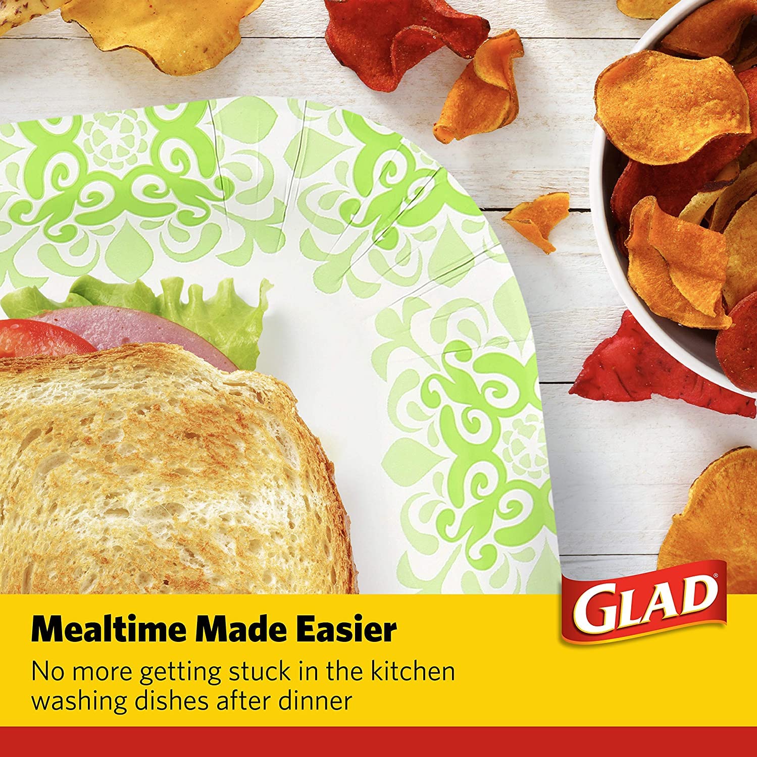 Glad Square Heavy Duty Paper Plates Soak Proof Cut Proof Microwaveable Disposable Plates Parties Everyday Meals Green Victorian Floral Pattern 10 Inch 50 Count 6 Pack Pantry Stocking Bulk Value