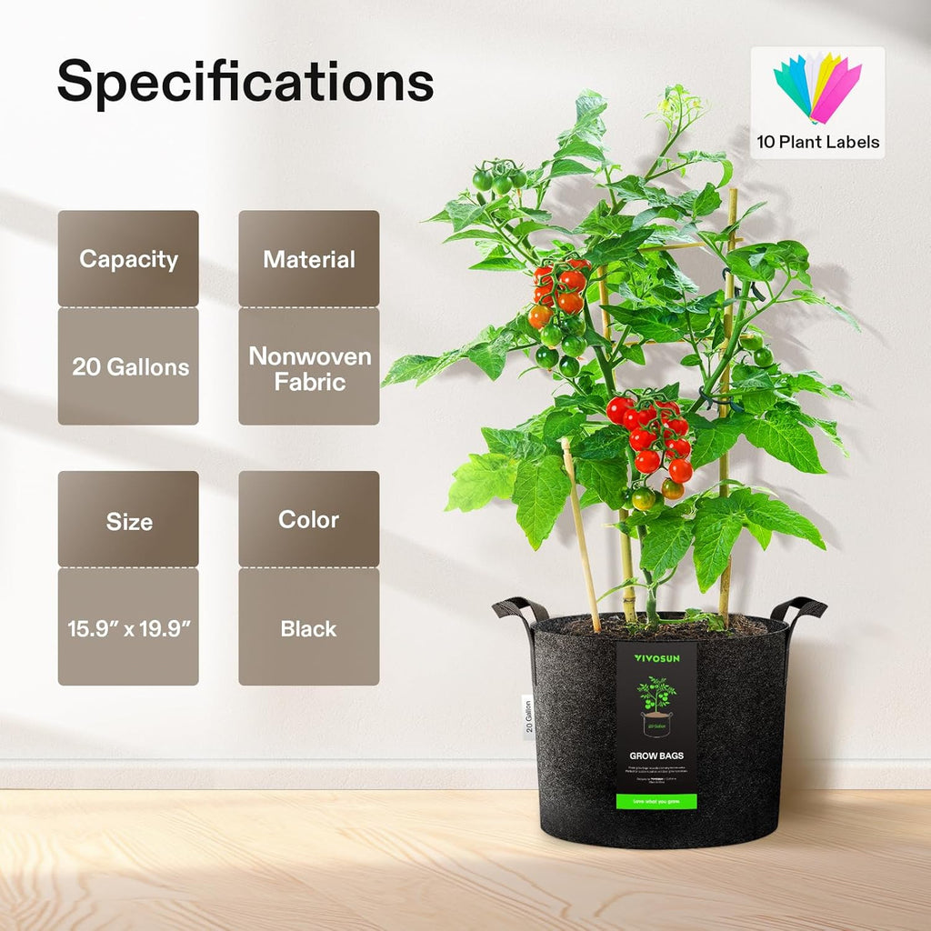 VIVOSUN 20 Gallon Plant Grow Bags - Heavy Duty Nonwoven Fabric Pots with Handles | 5-Pack