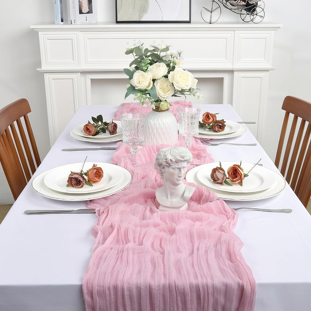 6 Pack Light Pink Cheesecloth Table Runner 10FT Boho Gauze Fabric Table Runner 35 x 120 Inch Spring Rustic Sheer Runner for Wedding Birthday Baby Shower Table Decoration