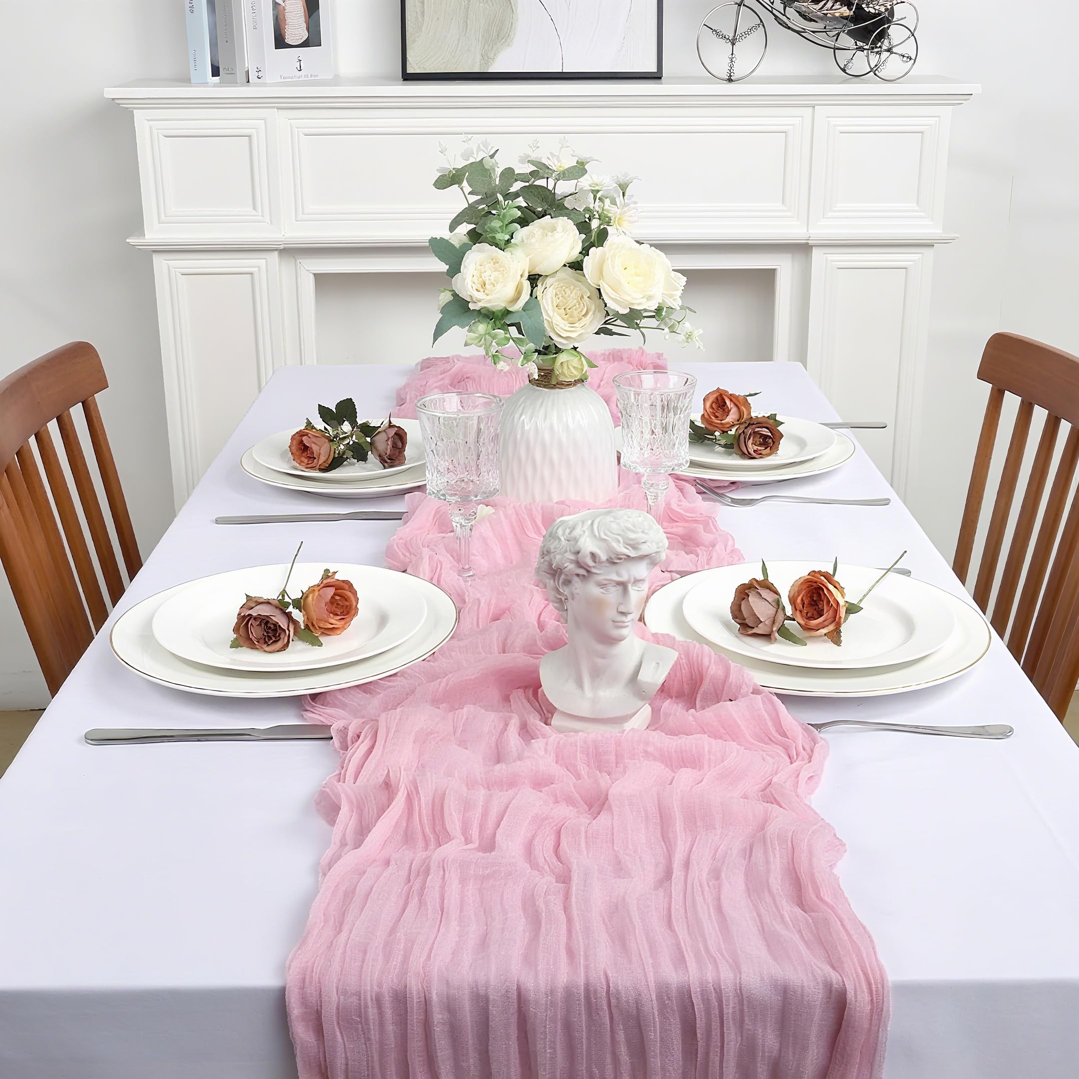 6 Pack Light Pink Cheesecloth Table Runner 10FT Boho Gauze Fabric Table Runner 35 x 120 Inch Spring Rustic Sheer Runner for Wedding Birthday Baby Shower Table Decoration