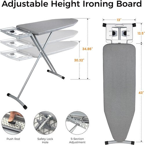 Hvygss Height-Adjustable Ironing Board - Heavy-Duty, Heat-Resistant Design | Grey, 43x13 Inches