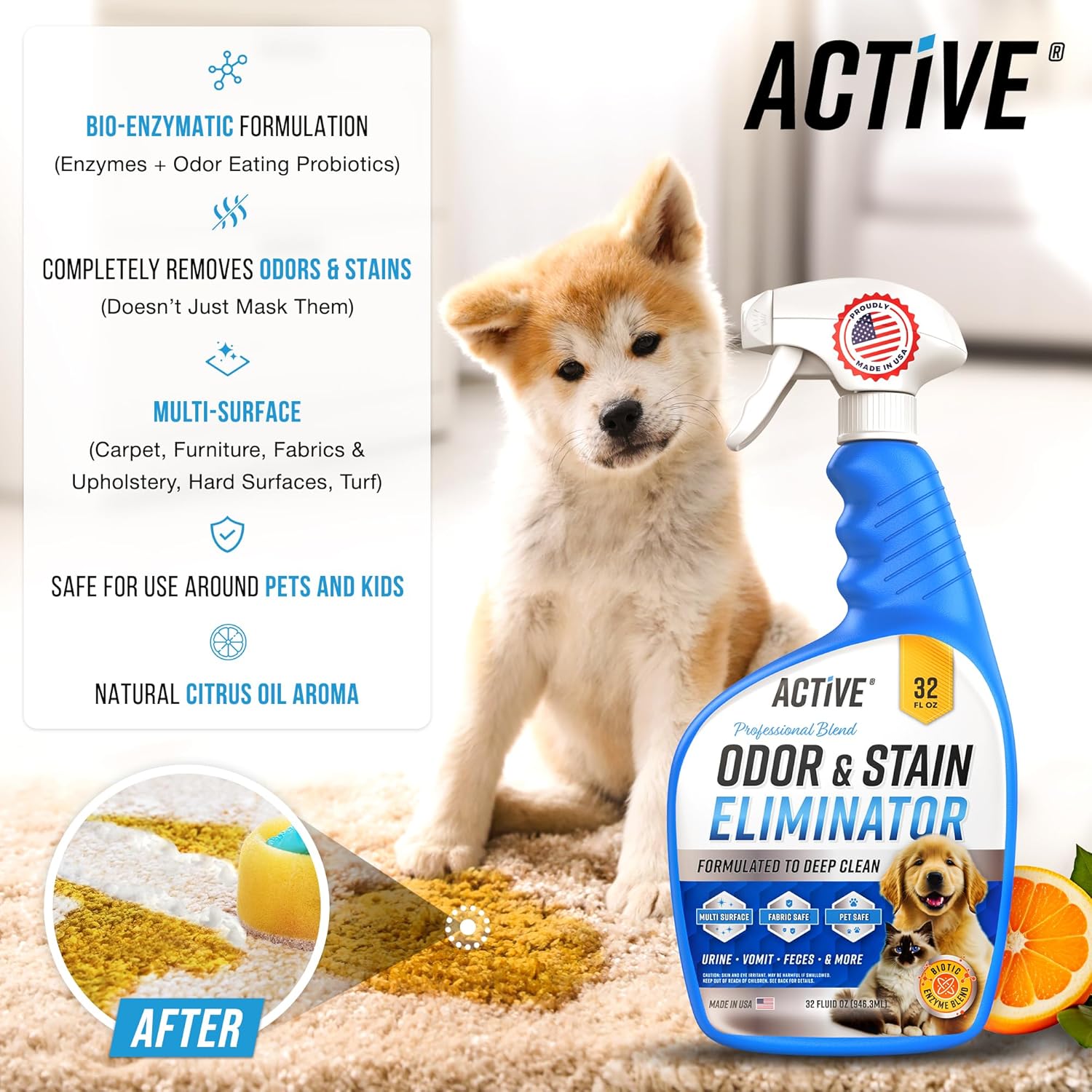 Pet Odor and Stain Eliminator by ACTIVE - 32 oz Enzyme Cleaner for Dog & Cat Urine | Natural Citrus Deodorizer