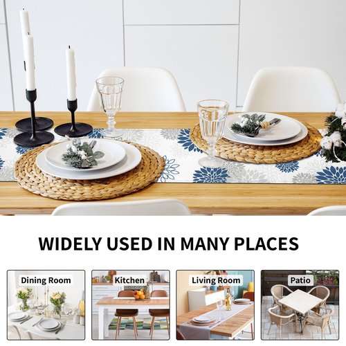 Dahlia Flower Table Runner 13x71 Inch Farmhouse Blue Gray Runners Modern Table Decorations Rustic Geometric Coffee Table Runner for Home Kitchen Dining Room Party (13"x71", Dahlia Floral-Blue)