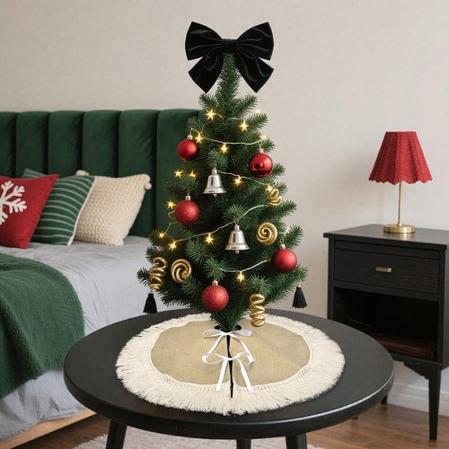 Yuboo 24" Burlap Spring Tree Skirts with Tassel, Brown Rustic Farmhouse Jute Linen Christmas Tree Skirt for Holiday Party Farmhouse Home Decor Ornaments