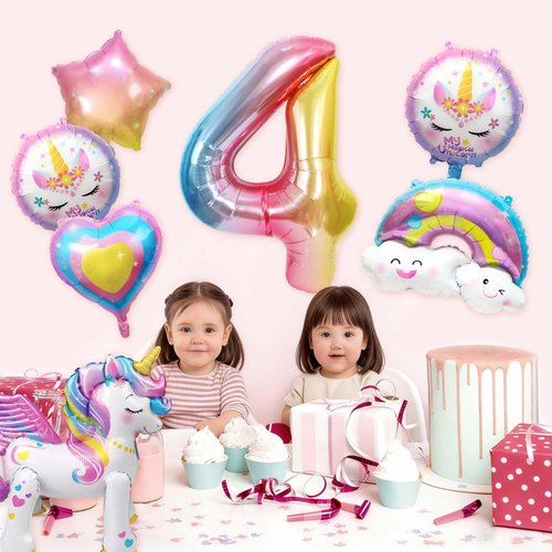 8Pcs Unicorn 4th Birthday Party Decorations for Girls,26Inch Large Unicorn Balloons Self Standing,18Inch Purple Pink Star Heart Rainbow Foil Balloon for Birthday Wedding Baby Shower Supplies(Number 4)