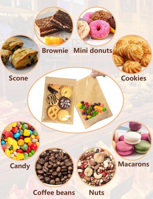 100 Pack Self Sealing Cookie Bags with Seal, 4x6 Inch Cookie Bags with Window for Gift Giving, Grease Resistant Bakery Treat Packaging for Candy, Snack, Scone, Brownie, Small Pastries and other Treats