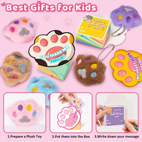 24 PCS Kids Valentines Day Cards with Stuffed Cat Paws Toys, Valentines Day Gifts for Kids Classroom, Animal Plush Toy for School Valentines Gifts Exchange, Valentine Party Favors Supply for Boys Girls