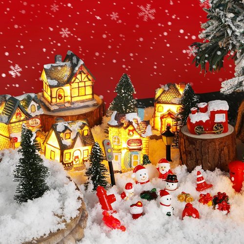 Liliful Christmas Village House Set - 46 Pcs LED Lighted Resin Figurines for Holiday Decor | Rustic Xmas Scene