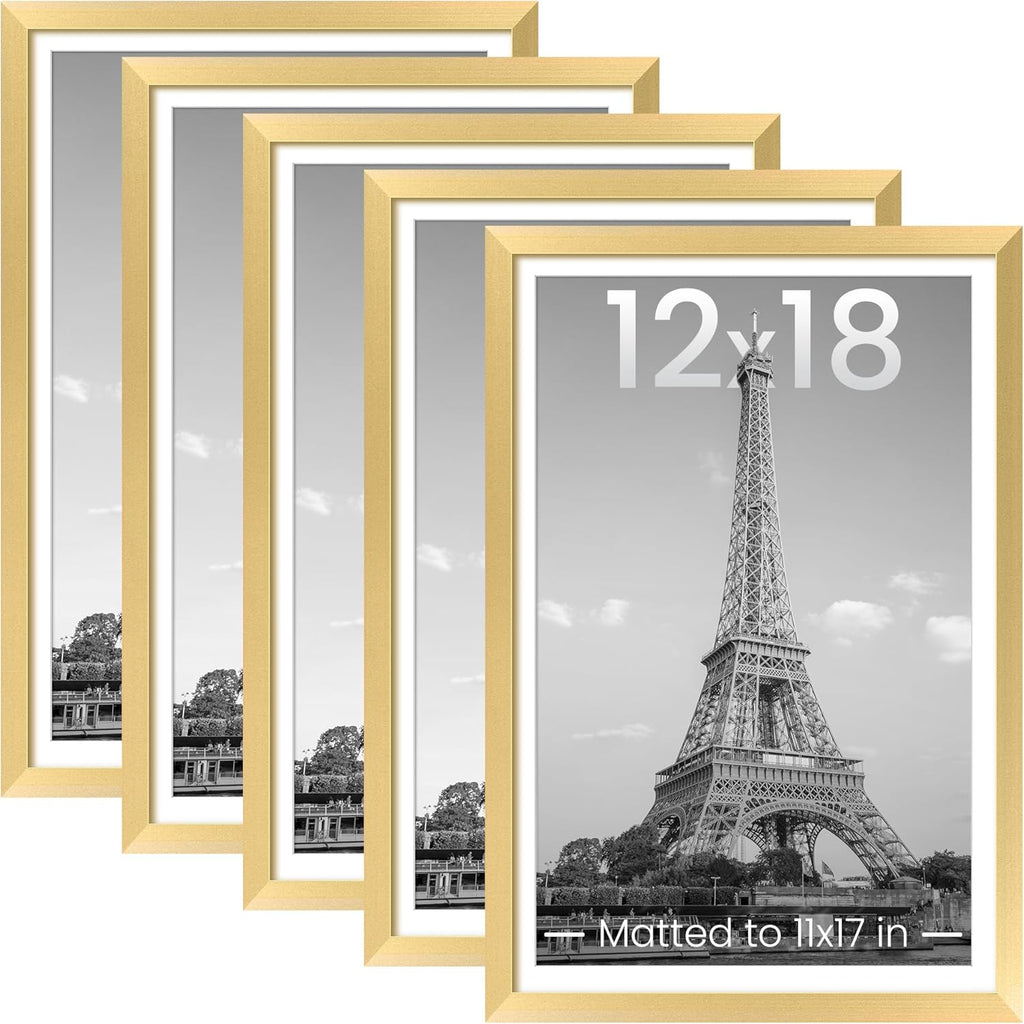 Upsimples 12x18 Picture Frame Set of 5 - Elegant Gold Wall Gallery Frames for 11x17 or 12x18 Photos
