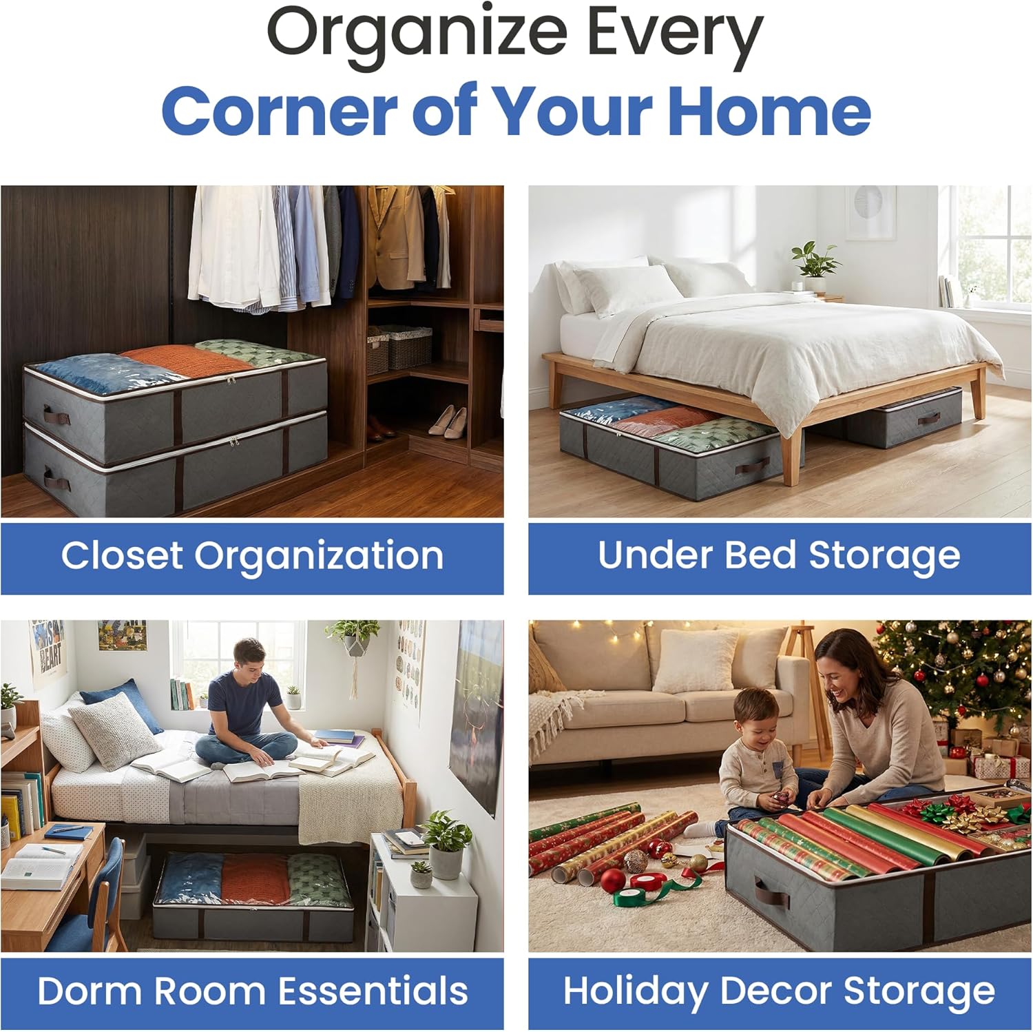 Underbed Storage Bags 4-Pack | Foldable Organizer for Clothes, Blankets & More - Ideal for Dorms (Grey)