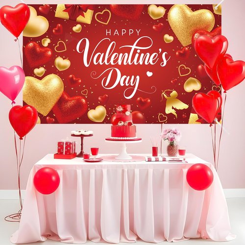 Happy Valentine's Day Backdrop Banner Decorations, Red and Gold Heart Romantic Love Happy Valentine's Day Signs Red Gold Background Valentines Day Anniversary Party Romantic Decor