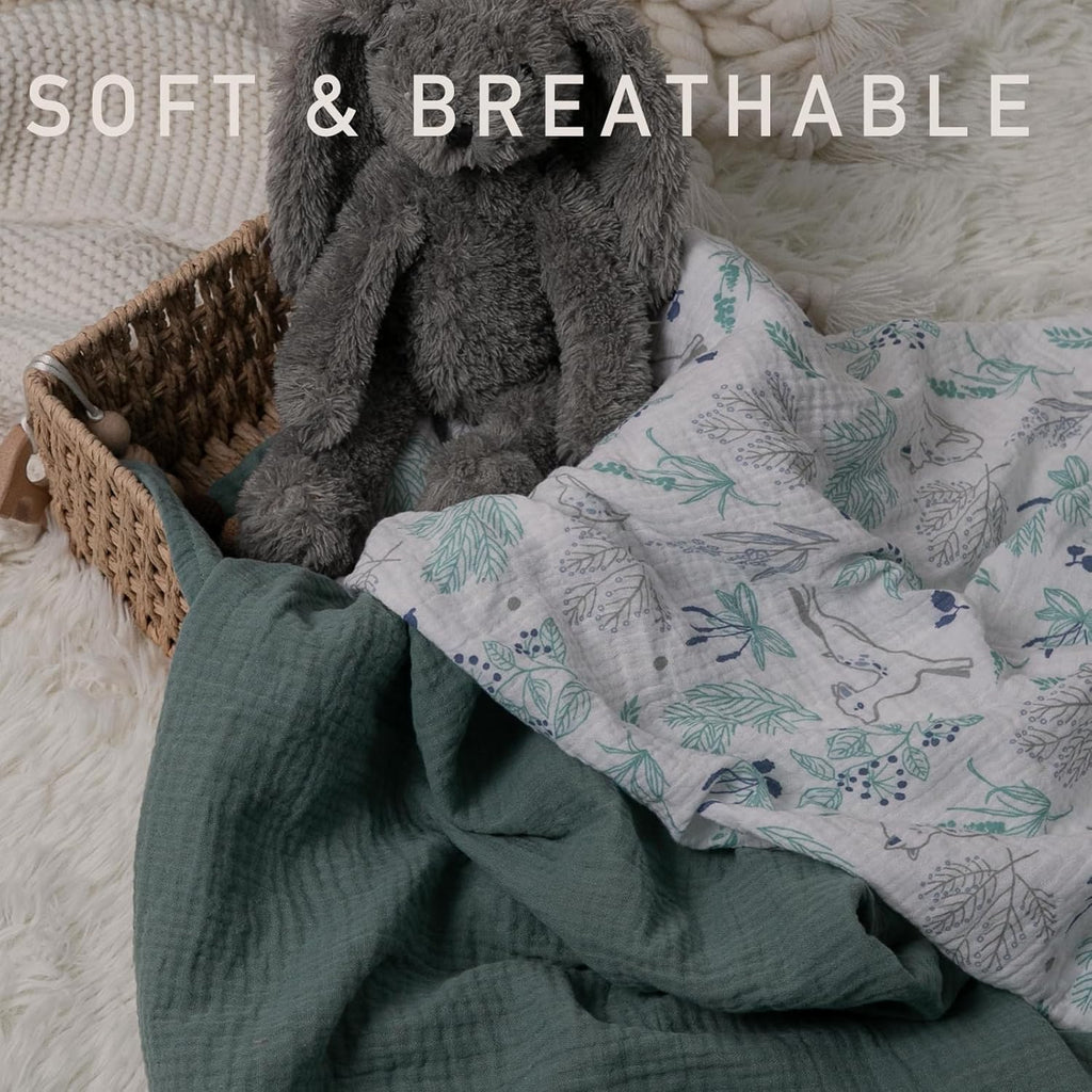 Skiennix Muslin Swaddle Blankets - 3 Pack Soft & Breathable Receiving Blankets | Large 38 x 40 Inches (Fawn & Leaves)