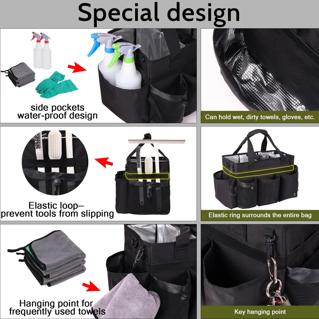 Timoxi Large Wearable Cleaning Caddy Bag with Detachable Divider, Cleaning Organizer with Handles, Cleaning Supply Tote with Adjustable Shoulder Strap&Waist Belt for Cleaners & Housekeeper (Black)