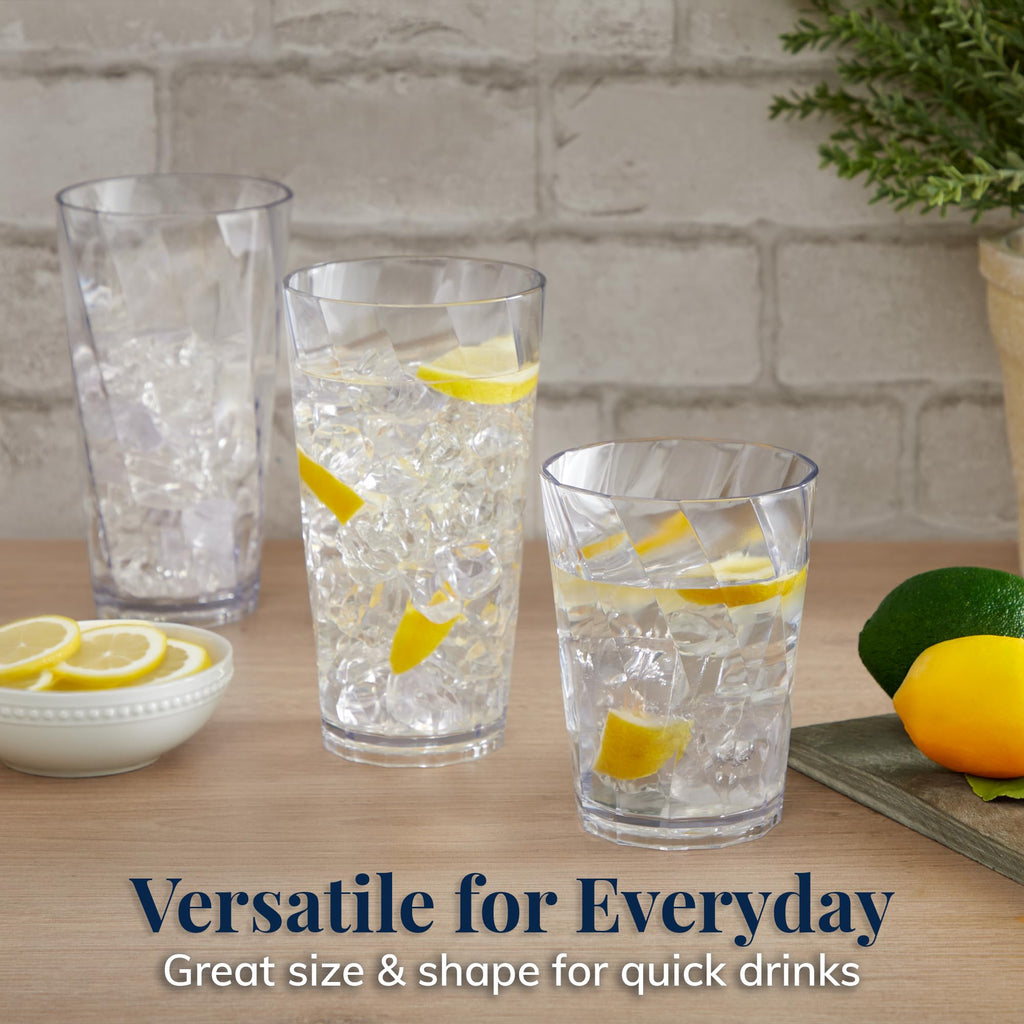US Acrylic Optix Plastic Reusable Drinking Glasses (Set of 16) 14oz Rocks & 20oz Water Cups in Clear | BPA-Free Tumblers, Made in USA | Top-Rack Dishwasher Safe