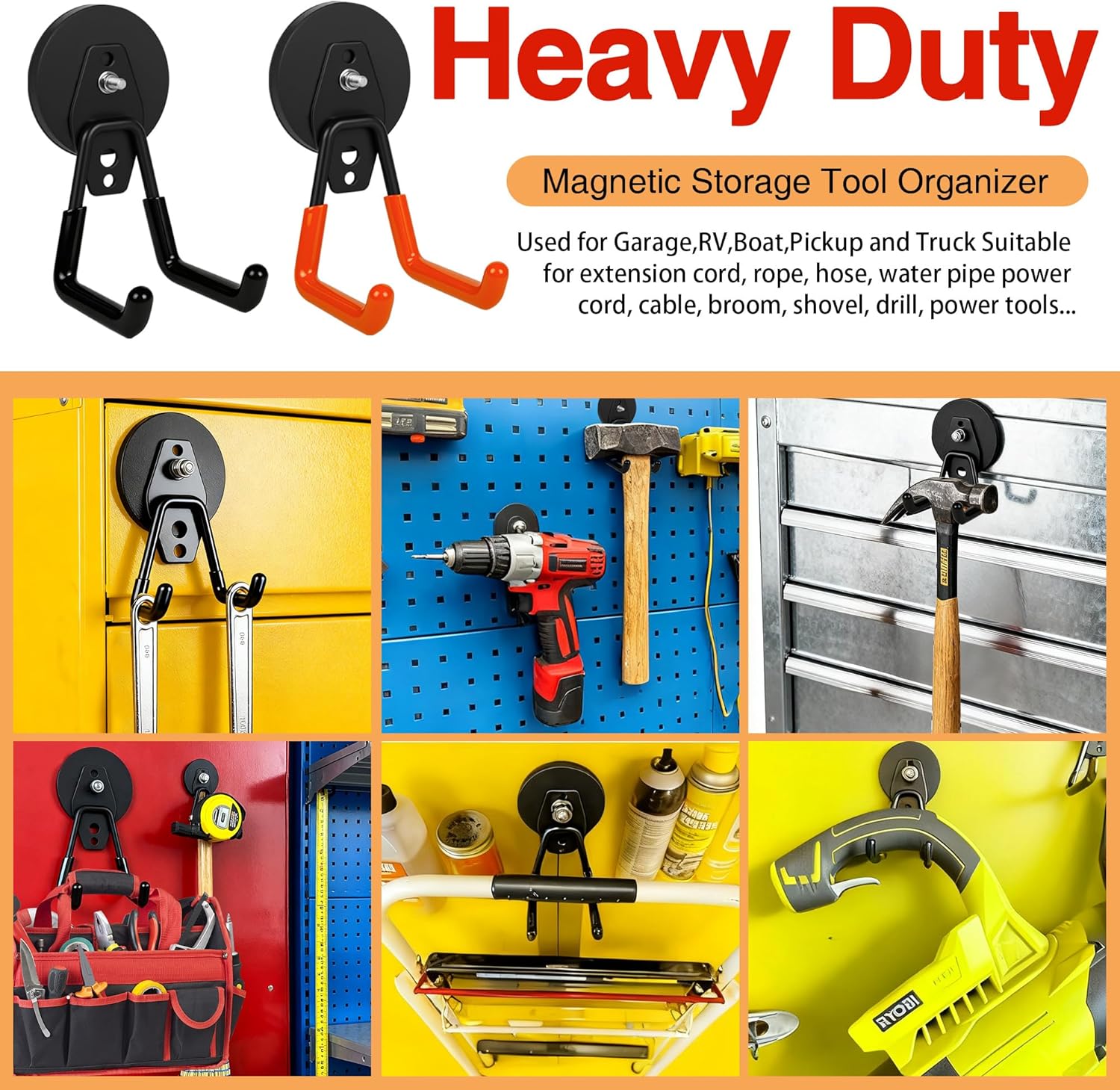 Skiennix Heavy Duty Magnet Hooks - No Damage Rubber Coated Design | 4 Pack in Orange & Black