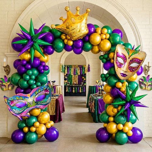 125 Carnival Balloon Garland Arch Kit - Purple, Emerald Green &Pearl Gold Balloons with Masks, Crown, and Exploding Star Foil Festive Party Decor for Masquerade, Birthday, Royal Events