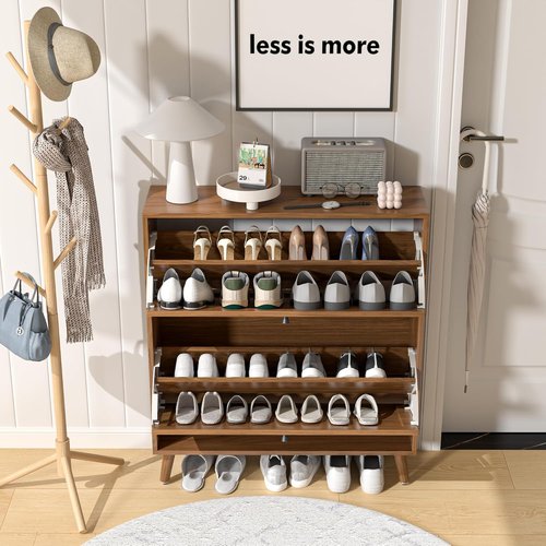Fsbecl Shoe Storage Cabinet - Narrow Wood Organizer with 2 Flip Drawers | Fluted Panel Design in Walnut