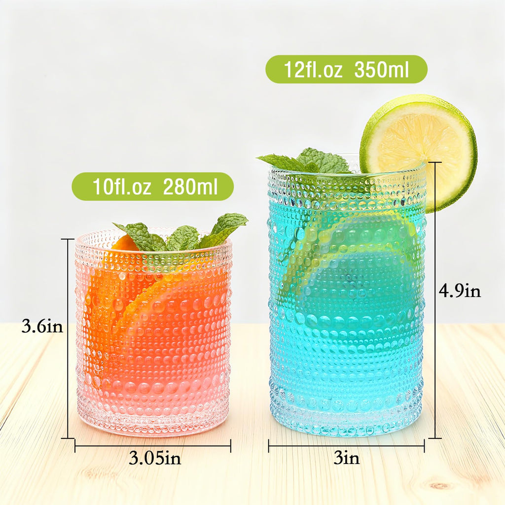 Woaiwo-q Embossed Highball Glasses Set of 12, 10 oz Thick Base Cocktail Drinking Glasses, 12 oz Clear Glassware Set, Glass Cups for Whiskey, Juice, Water, Home Bar & Kitchen, Dishwasher Safe
