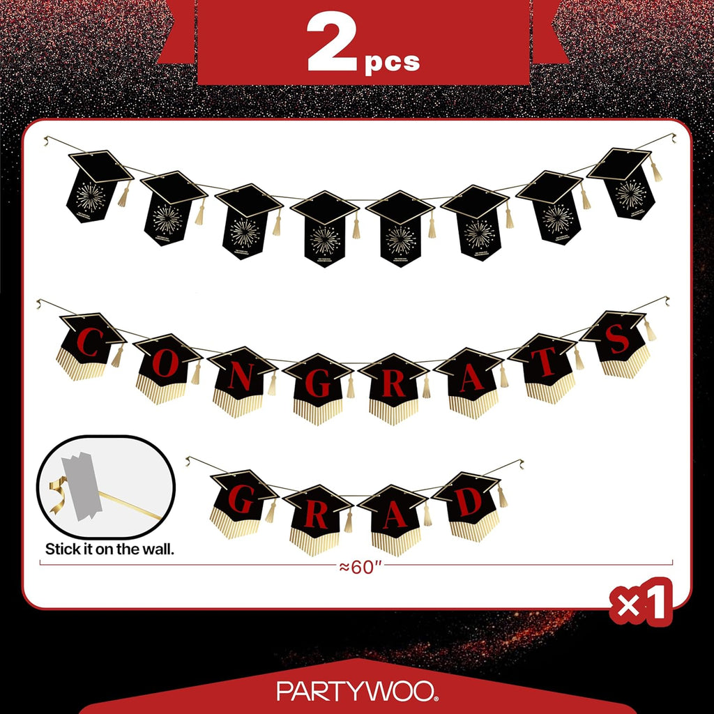 PartyWoo Graduation Banner - Class of 2026 Black and Red Decorations | 2-Piece Hanging Congrats Grad Set
