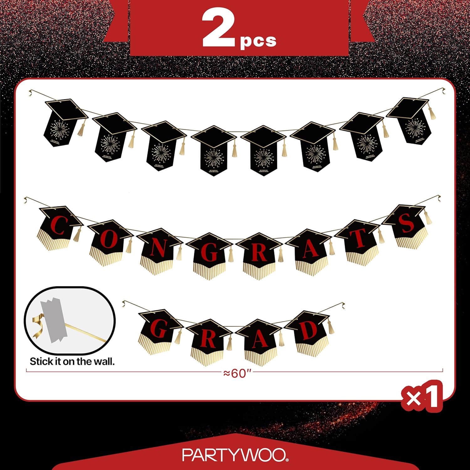 PartyWoo Graduation Banner - Class of 2026 Black and Red Decorations | 2-Piece Hanging Congrats Grad Set