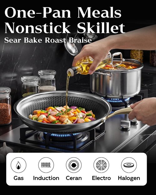 Honeycomb Stainless Steel Frying Pan - 8 Inch Nonstick Skillet with Lid, Induction Compatible, PFOA-Free