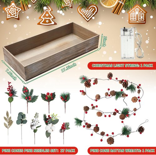 Leinuosen Christmas Table Centerpieces - 30 Pcs Floral Berry Rattan Garland with LED Lights for Winter Decor