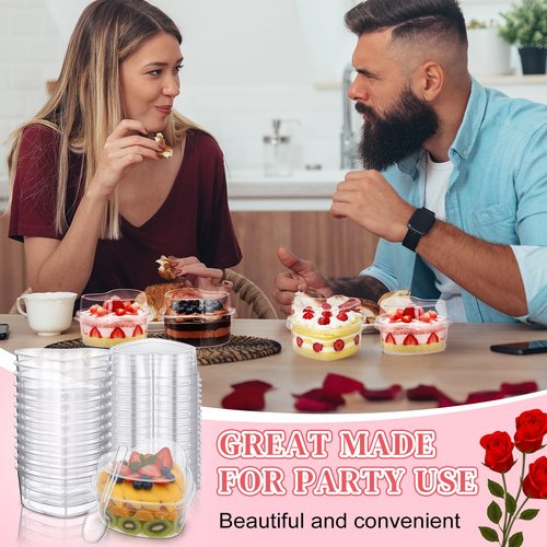 Potchen 48 Pack Heart Shaped Dessert Cups with Lids and Spoons 4 oz Mini Plastic Dessert Container Appetizer Parfait Cups Clear Shooter Container for Valentine Wedding Serving Party