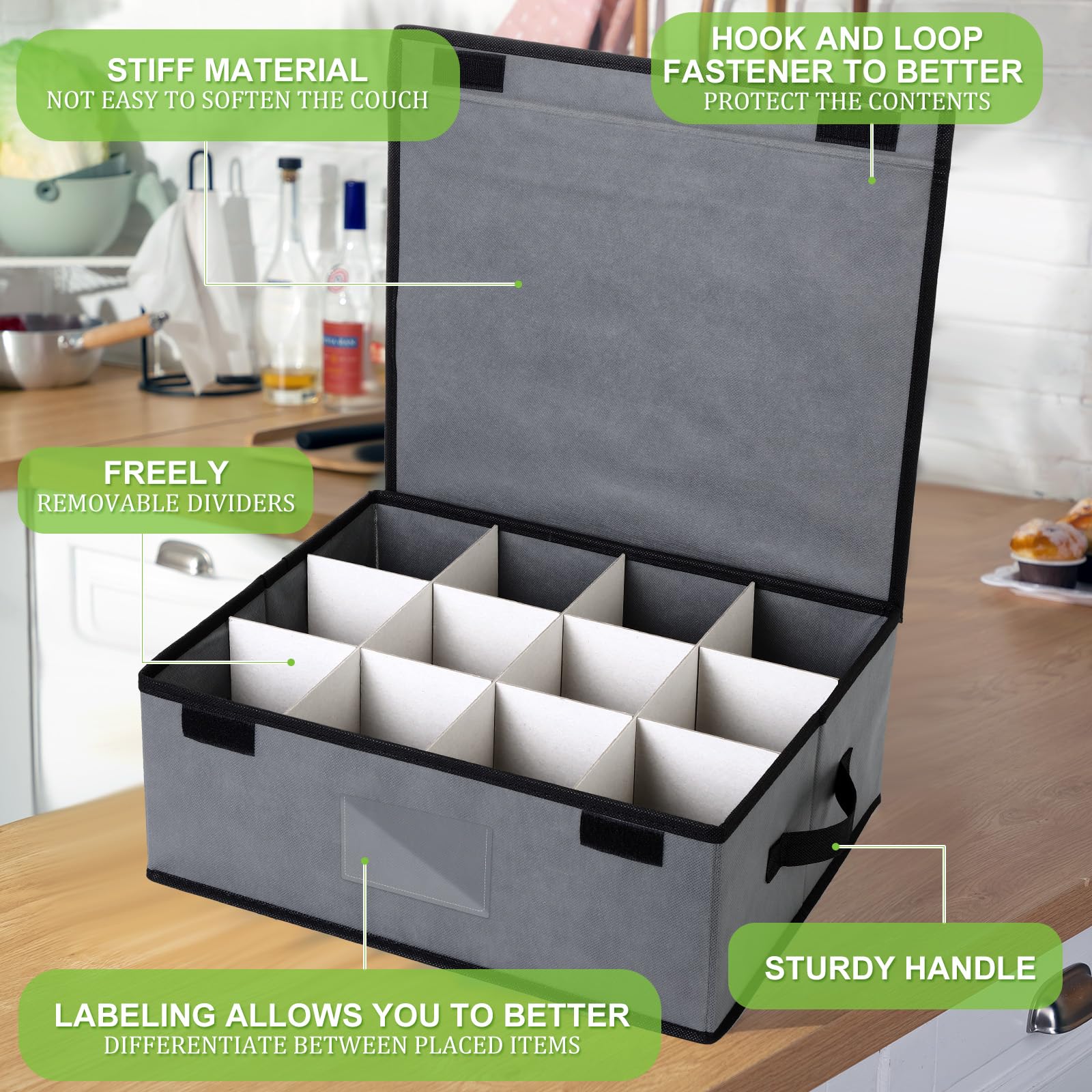 Suzile 4 Pack Cup and Mug Storage Box with Dividers Wine Glass Storage Box with Dividers, Lid and Handle, Holds 48 Coffee Mugs and Tea Cups for Glassware Protection Moving