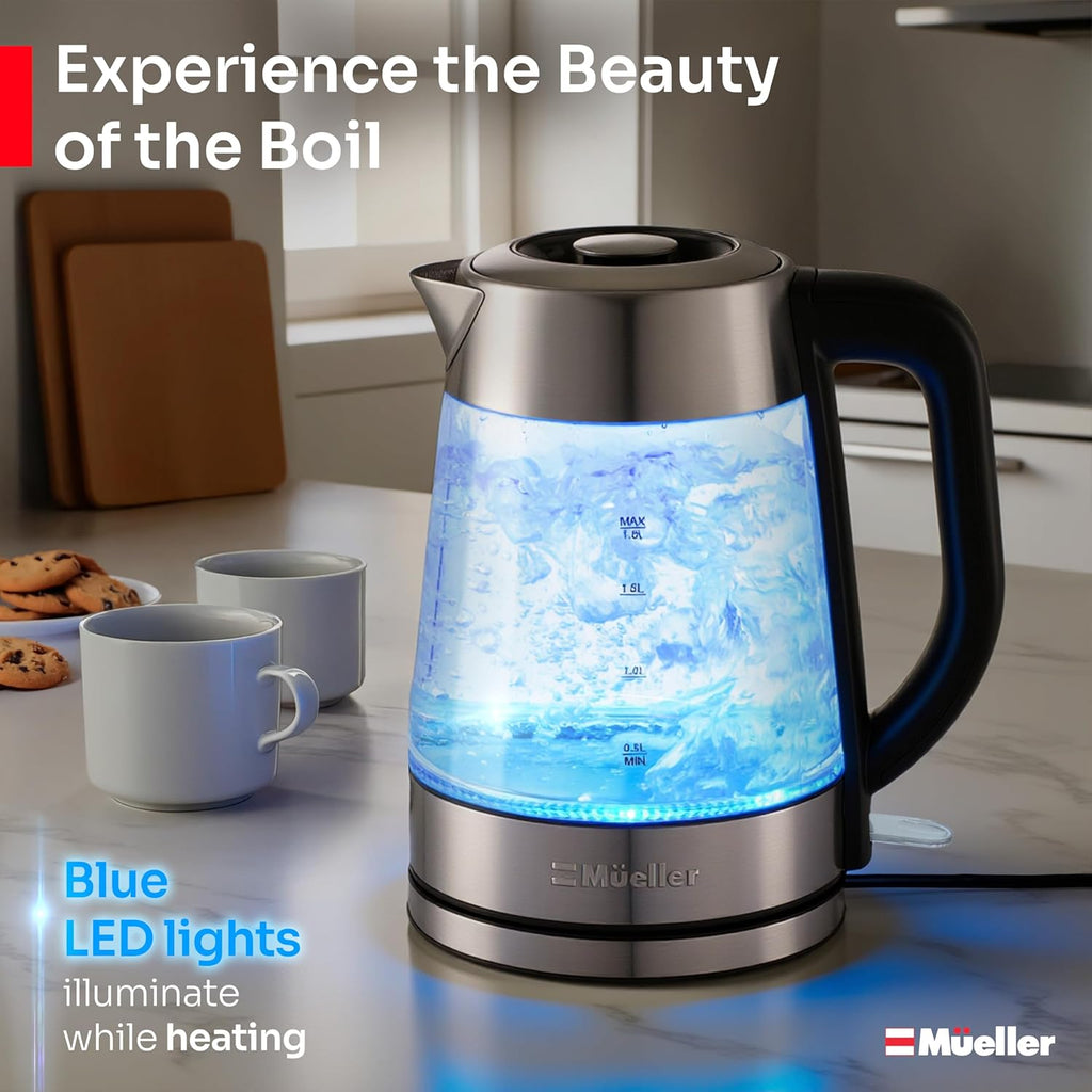 Mueller Rapid Boil Electric Tea Kettle - 1.8L Borosilicate Glass & Stainless Steel - BPA-Free, Auto Shut-Off & LED Light