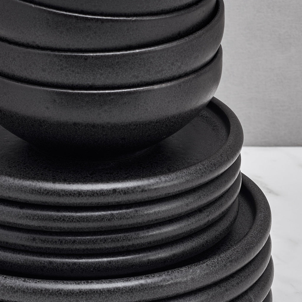 Mikasa Declan 12 Piece Stoneware Dinnerware Set, Service for 4, Modern Black Plate and Bowl Dishes with High Rims, Black