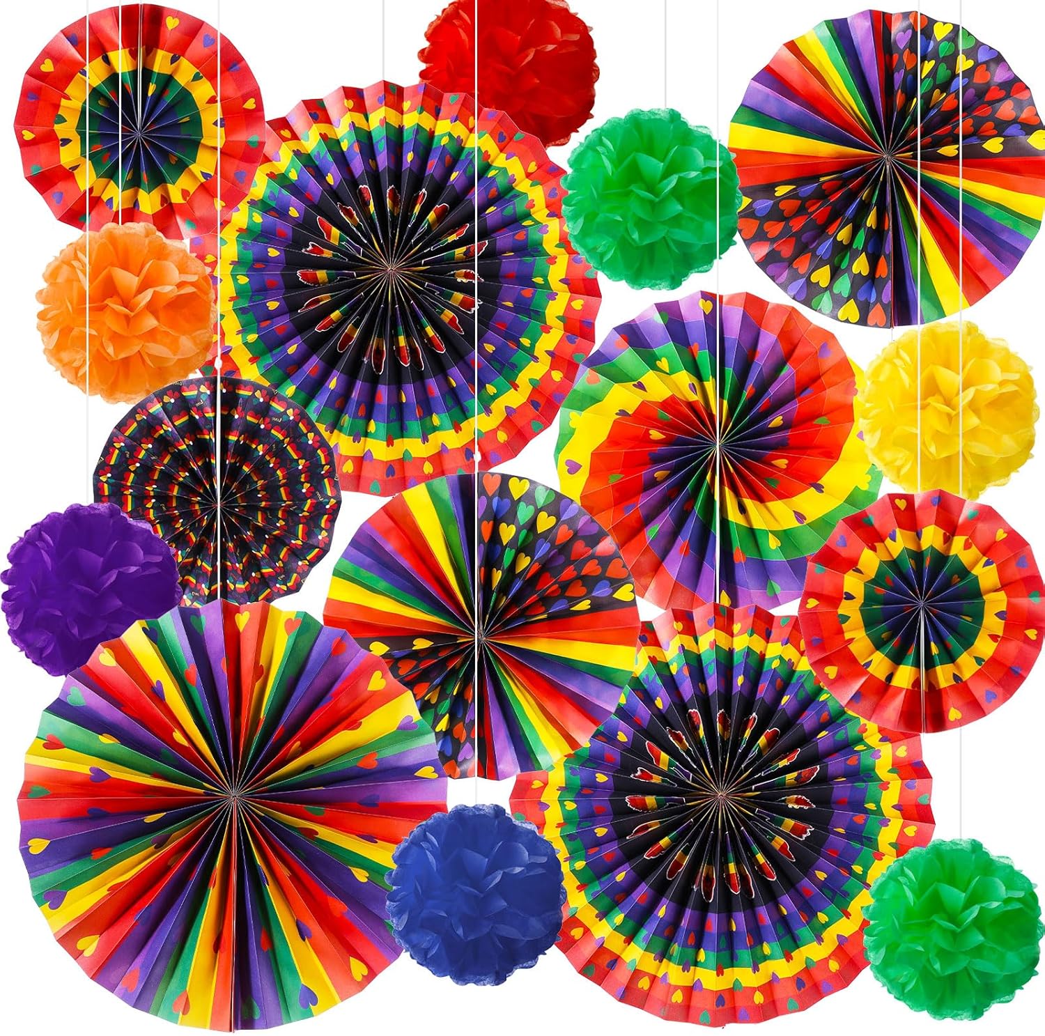 Outus Rainbow Love Heart Paper Fans - 21 Pcs Gay Pride Decorations for LGBT Celebrations