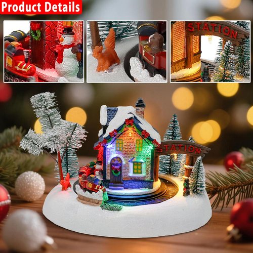 innodept12 Christmas Snow-Village Santas Wonderland House - Animated Rotating Train, Resin Holiday Decor with Music and LED Lights for Indoor Tabletop Display