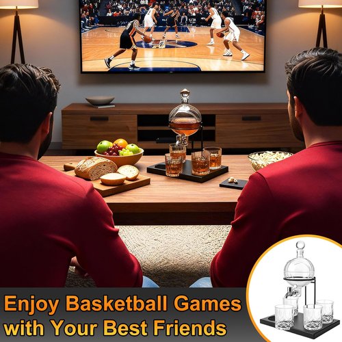 1000ml Basketball Whiskey Decanter Set for Men, with 4 Glasses, 2" Silicone Basketball 3D Ice Cube Mold, Tequila Liquor Bourbon Scotch Dispenser Gift for Dad Husband Boyfriend Birthday Valentine Gift