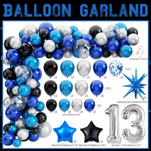 13th Birthday Decorations for Boys, Official Teenager Happy 13th Birthday Decor with Banner Backdrop Tablecloth & Number 13 Balloon Arch Kit for 13 Year Old Birthday Party Supplies(Black Blue)