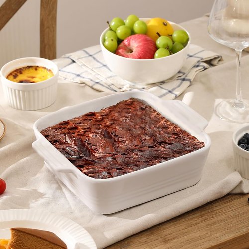 DOWAN 8x8 Ceramic Baking Dish - Square Casserole Pan with Handle for Lasagna & Brownies | 2 Quart, White
