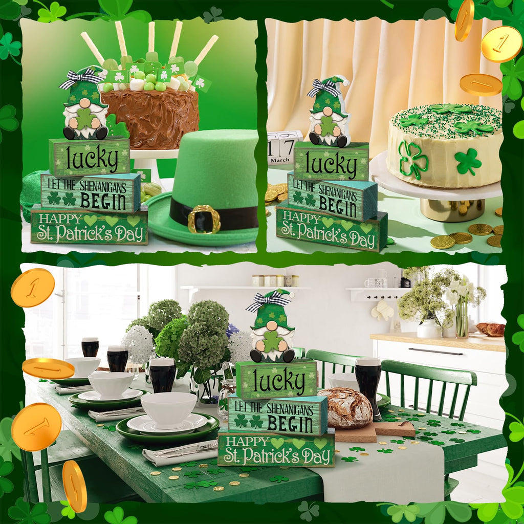 Moucuny 4 Pcs St. Patrick's Day Table Decoration Irish Tiered Tray Decor Wooden Gnome Shamrocks Block Signs Happy St. Patrick's Day Centerpiece for Tables Irish Wooden Sign for Home Decor