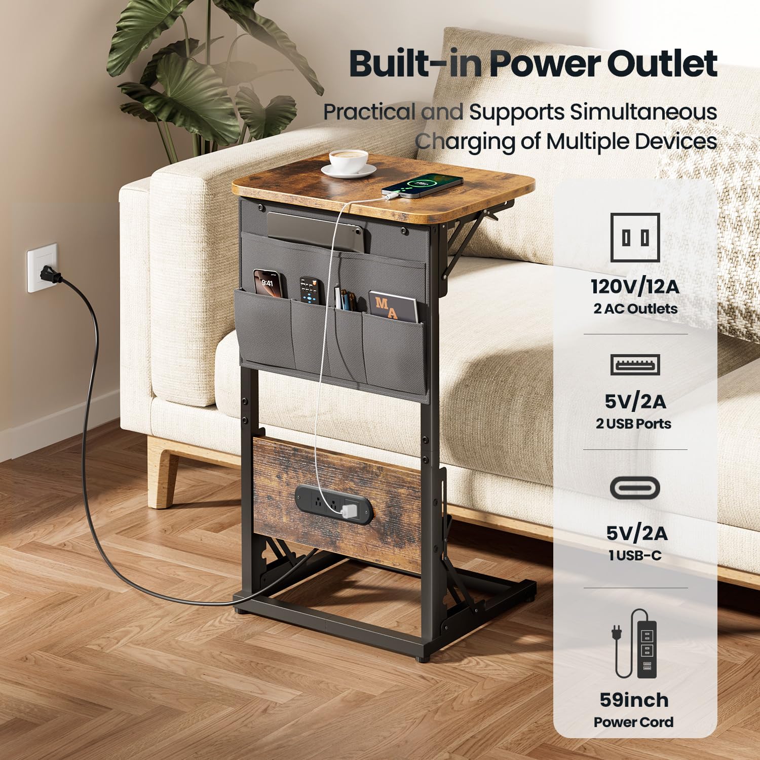 HLDIRECT C Shaped End Table with Charging Station, Couch Side Table with Storage Bag, Foldable TV Tray with 2 USB Ports and Outlets for Living Room, Bedroom, Rustic Brown