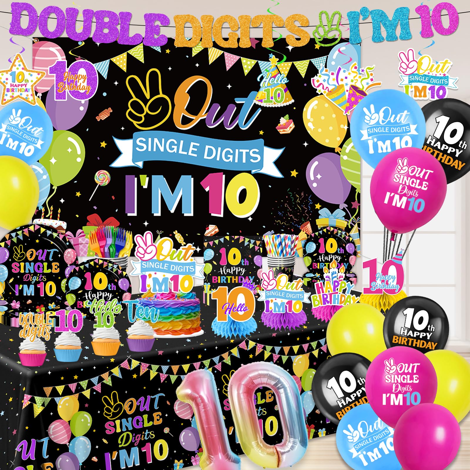 10th Birthday Decorations for Girl,172pcs 10 Year Old Girl Birthday Decorations Double Digits Birthday girl Plates and Napkins Cups Tablecloth Banner Honeycomb for Peace Out Single Digits Party Decor